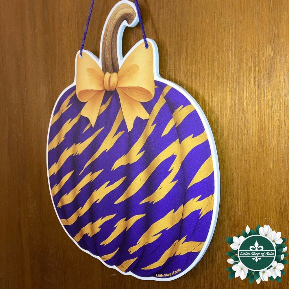 Purple Gold Tiger Stripes Pumpkin Louisiana Wall Art Decor Fall Door Hanger Sign - Picture 9 of 17